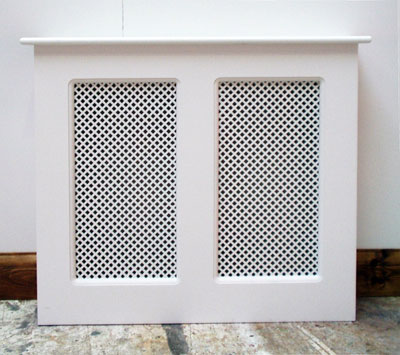 Front view of a wooden radiator cover with two mesh panels, finished in gloss white